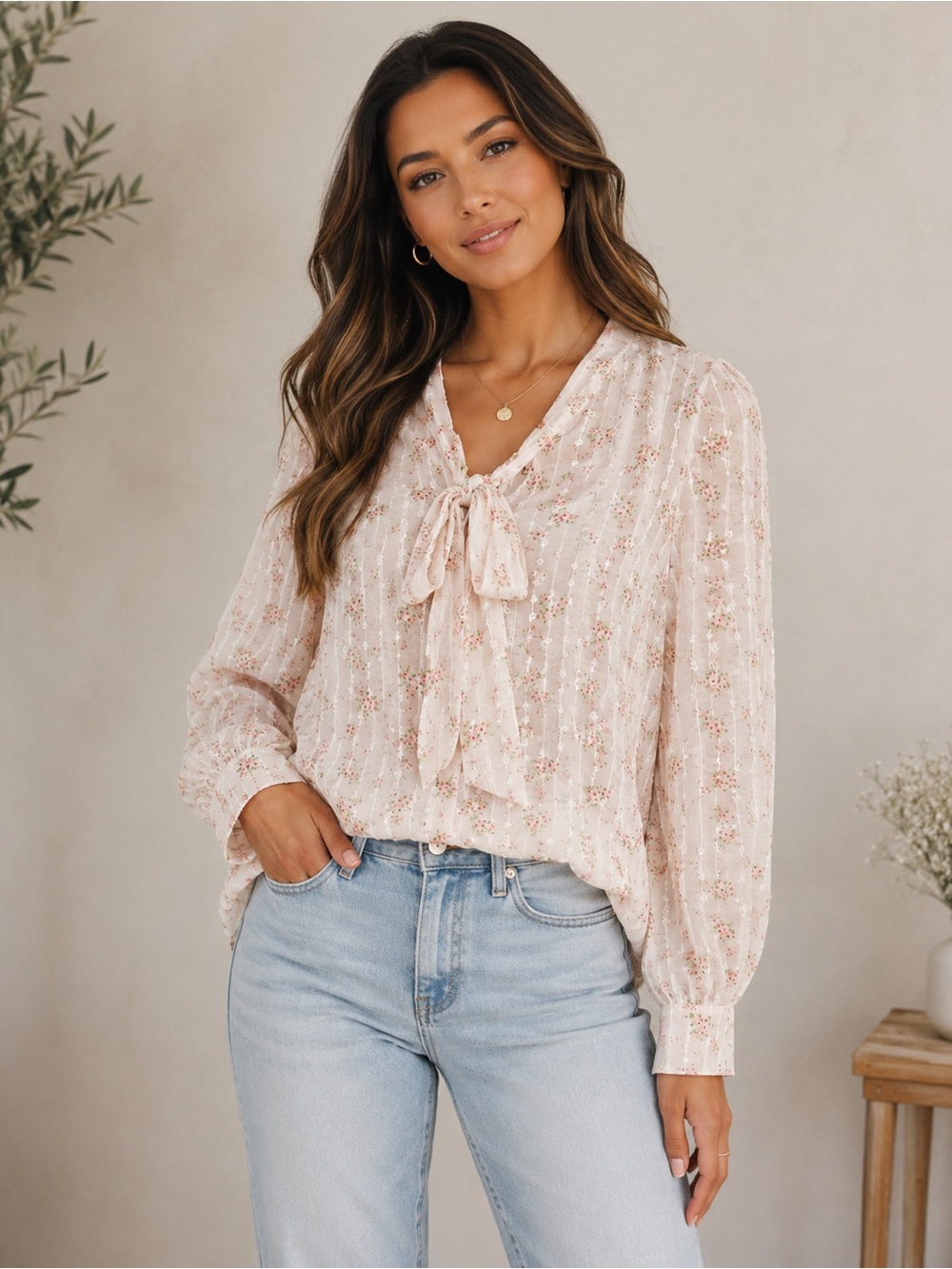 Available Floral Tie Neck Long Sleeve Blouse Size Medium